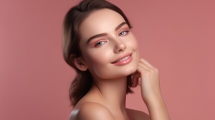 Portrait of beautiful young woman with clean fresh skin on pink background.Generative Ai