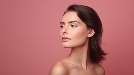 Portrait of beautiful young woman with clean fresh skin on pink background.Generative Ai