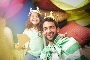 Fantasy dress up, kid portrait and dad together and princess fun in a bedroom fort with crown and...