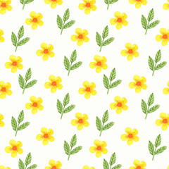 Seamless pattern with yellow flowers and green leaves on white background. Abstract modern seamless pattern. Vintage texture.