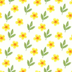 Behang Seamless pattern with yellow flowers and green leaves on white background. Abstract modern seamless pattern. Vintage texture. © Lena_Krauze