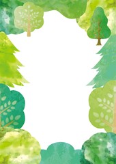 フレーム　枠　額　水彩　手描き　夏　森　木　緑　風景　背景　デザイン　コピースペース　イラスト素材