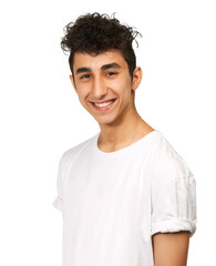 Fashion, smile and portrait of young man in studio with confidence, attractive and pride on white background. Happy, confident and face of isolated handsome male person with trendy casual clothes