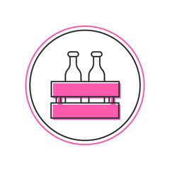 Filled outline Pack of beer bottles icon isolated on white background. Wooden box and beer bottles. Case crate beer box sign. Vector