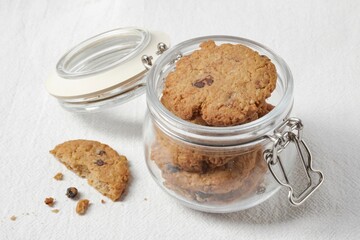 Raisin and Chocolate Chips Oat Cookies. Traditional British dessert snack or breakfast food