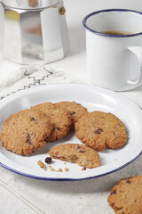 Raisin and Chocolate Chips Oat Cookies. Traditional British dessert snack or breakfast food