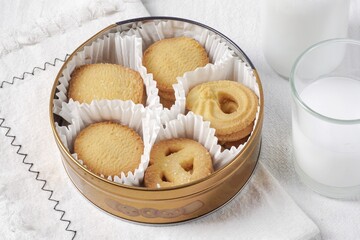 Butter Cookies assortment of four whole pretzels, round and rectangular shortbread biscuits with sugar. Traditional British dessert snack or breakfast food