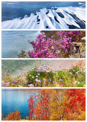 Natural background of four seasons. Collage of seasonal photos: winter ice and snow, spring bloom of wild pink rhododendron, summer flowers, autumn yellow foliage against blue water of Baikal Lake