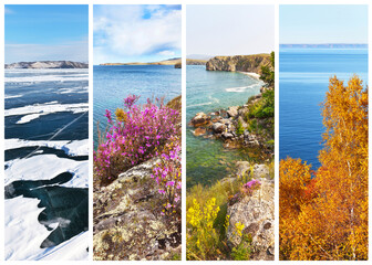 Baikal Lake of four seasons. Collage of scenic seasonal photos: winter ice and snow, spring bloom...
