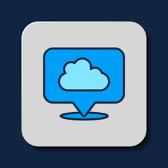 Filled outline Location cloud icon isolated on blue background. Vector