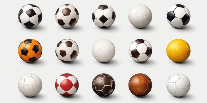 Set of soccer ball or football with different view on white isolated background, Generative AI