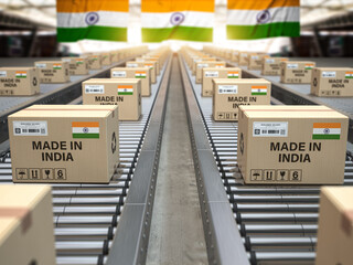 Made in India. Cardboard boxes with text made in India and  indian flag on the roller conveyor.