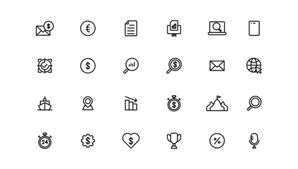 Business and Finance web icons. Vector business and finance outline stroke line icon set with money, bank, check, law, auction, exchance, payment.
