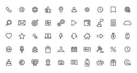 Thin line icon set. Icons business marketing e-commerce media contact icon.