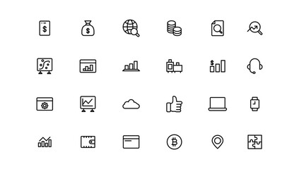 Business and Finance web icons. Vector business and finance outline stroke line icon set with money, bank, check, law, auction, exchance, payment.