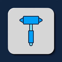 Filled outline Firefighter axe icon isolated on blue background. Fire axe. Vector