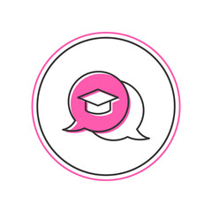 Filled outline Graduation cap in speech bubble icon isolated on white background. Graduation hat with tassel icon. Vector