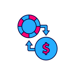 Filled outline Casino chips exchange on stacks of dollars icon isolated on white background. Vector