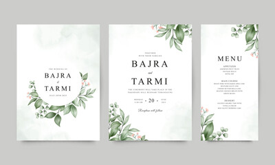 Fototapeta na wymiar Wedding invitation card set with watercolor leaves