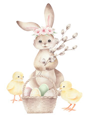 Watercolor easter bunny and eggs isolated. Easter composition for decorate.