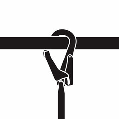 Black isolated vector illustration of safety harness hooked on the pipe or anchorage. Working at height protective equipment.