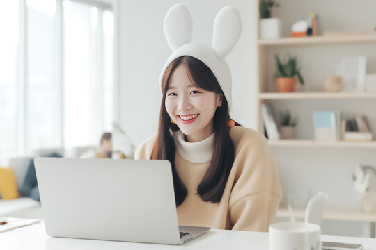 A business-focused Asian girl works on her laptop in a modern co-working space, while wearing a fun rabbit knit hat that adds a touch of unique style. generative AI.