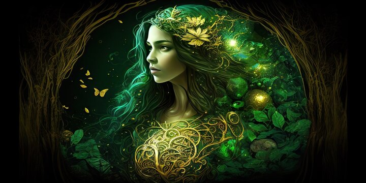 Female Gold and green Driade-like atmosphere, fairy, elf-like fantasy Abstract, Elegant and Modern AI-generated illustration