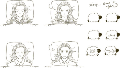 ビューティー　ベッドで眠る女性と書き文字のイラストレーション