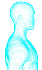 A profile shot of a 3D human created in a contour line art or topographic style