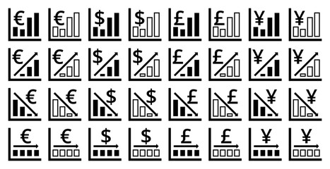 Collection Feuille d'icônes de 32 Devises avec Histogrammes - Noir