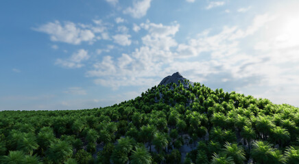 Fototapeta na wymiar The sharp-shaped mountain is surrounded by a dense forest of lush trees with a backdrop of the sky and clouds. 3d rendering.