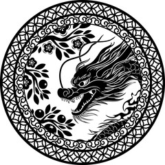 Dragon with flowers and ornamental design elements. Traditional china decoration.