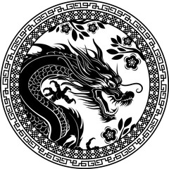 Dragon with flowers and ornamental design elements. Traditional china decoration.