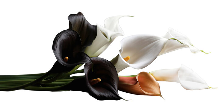 Callas flowers. Black, white and orange flowers for memorial or funeral design. Isolated design element on the transparent background.  Generative AI.