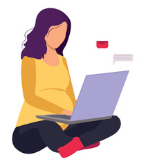 Pregnant woman sitting with her laptop. The concept of freelancing or studying while pregnant. Cute illustration of a young girl in a faceless style.