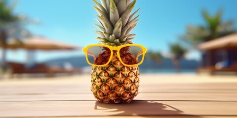 Pineapple with sunglasses on tropical beach blue sky background. Generative AI