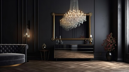 Luxury minimalist dark living room interior with commode. Generative Ai