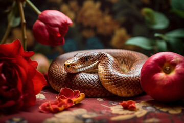 Snake with apple and flowers. Generative AI illustration