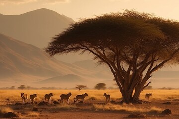 Pride of Lions Resting Under Acacia Tree in Golden-Lit Savannah with Mountain Range in Distance generative AI