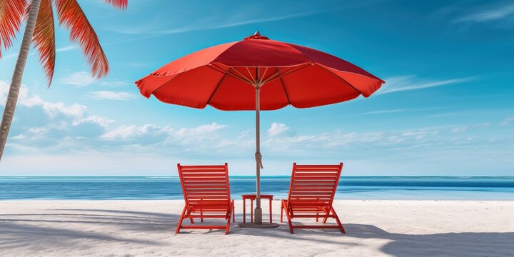 Red Umbrella with Beach Chairs on Tropical Beach Blue Sky Background. Generative AI