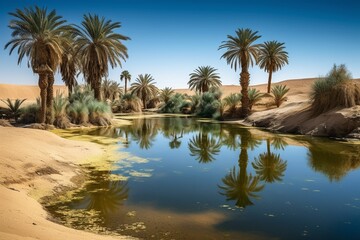 Obraz premium Vibrant Oasis with Palm Trees and Clear Blue Pond in the Middle of Vast Sahara Desert generative AI