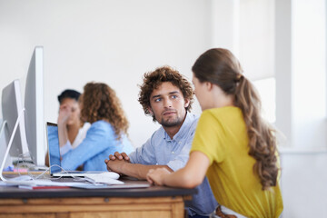 Teamwork, computer or creative people planning in startup for a research project in office...