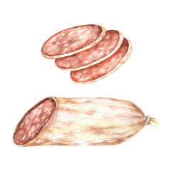 Watercolor illustration. Salami cut into slices and a stick of smoked sausage. Hand-drawn national cuisine of italy. Isolated on a white background. To create menu designs, food packaging, cookbooks