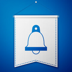 Blue Church bell icon isolated on blue background. Alarm symbol, service bell, handbell sign, notification symbol. White pennant template. Vector