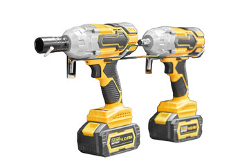 A professional tool for work, repair and construction in the store, isolated on white background. Sale of wired power tools and battery powered equipment in the shop