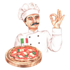 Italian chef holding a tray of delicious Margherita pizza in one hand and making an OK gesture with his other hand. Watercolor illustration. Hand drawn national cuisine.Isolated on a white background