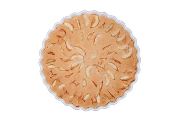 Home baking ripe apples, isolated on a white background. Apple pie with walnuts and almonds, isolated on a white background. Fruit cake with nuts