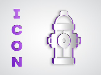 Naklejka premium Paper cut Fire hydrant icon isolated on grey background. Paper art style. Vector