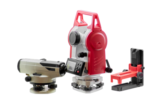 Measuring geodetic instrument for engineering works and topographic survey, isolated on white background