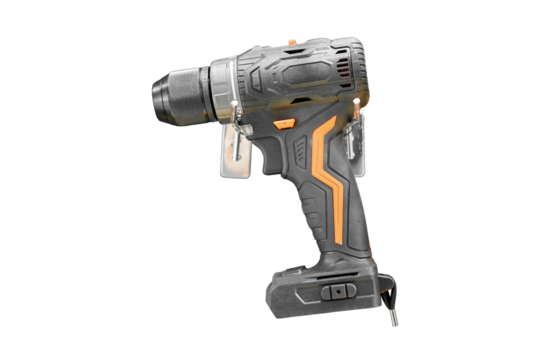 A professional tool for work, repair and construction in the store, isolated on white background. Sale of wired power tools and battery powered equipment in the shop